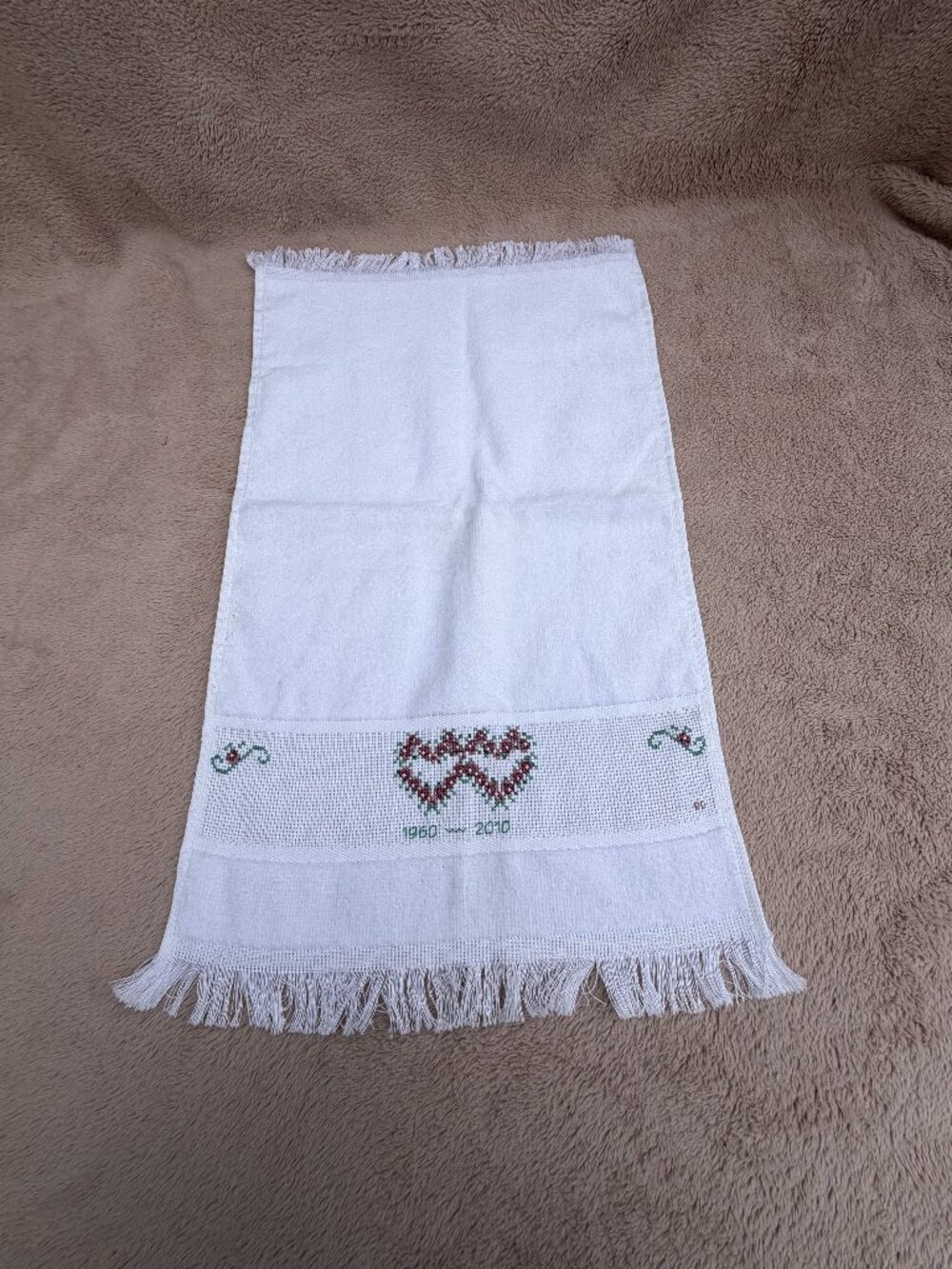 Vintage Charles Craft Cross Stitch Anniversary Hand Towel White 1960-2010 Fringe